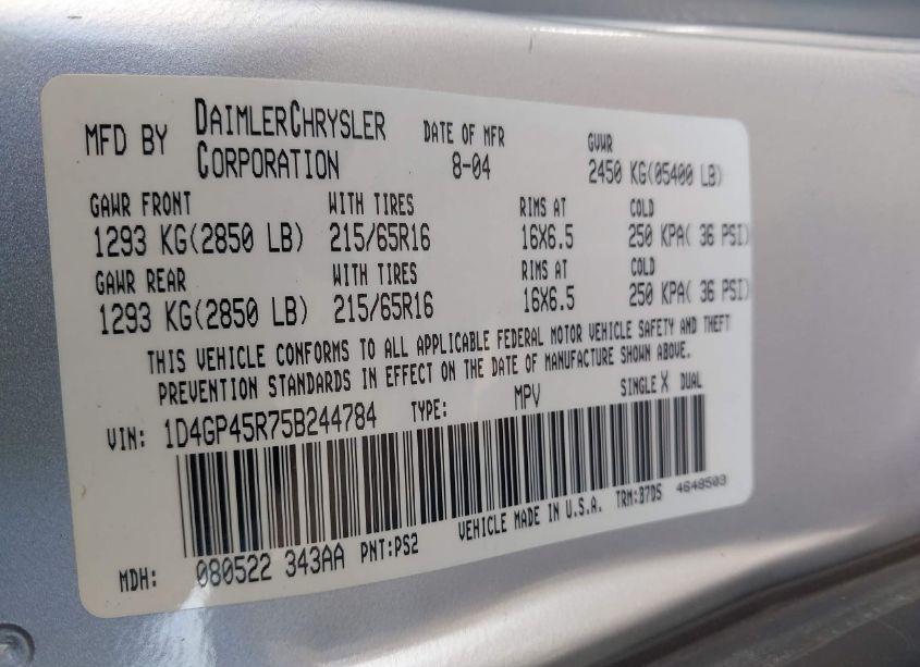 Photo 9 of 2005 Dodge Caravan SXT (VIN 1D4GP45R75B244784)