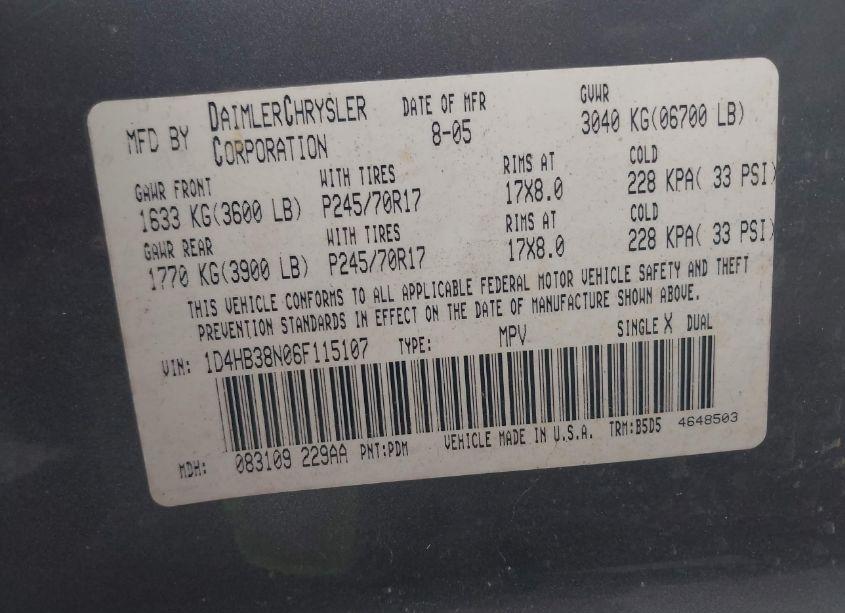 Photo 9 of 2006 Dodge Durango SXT (VIN 1D4HB38N06F115107)