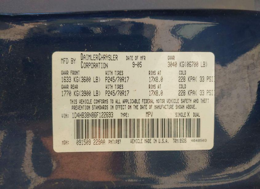 Photo 9 of 2006 Dodge Durango SXT (VIN 1D4HB38N86F122693)