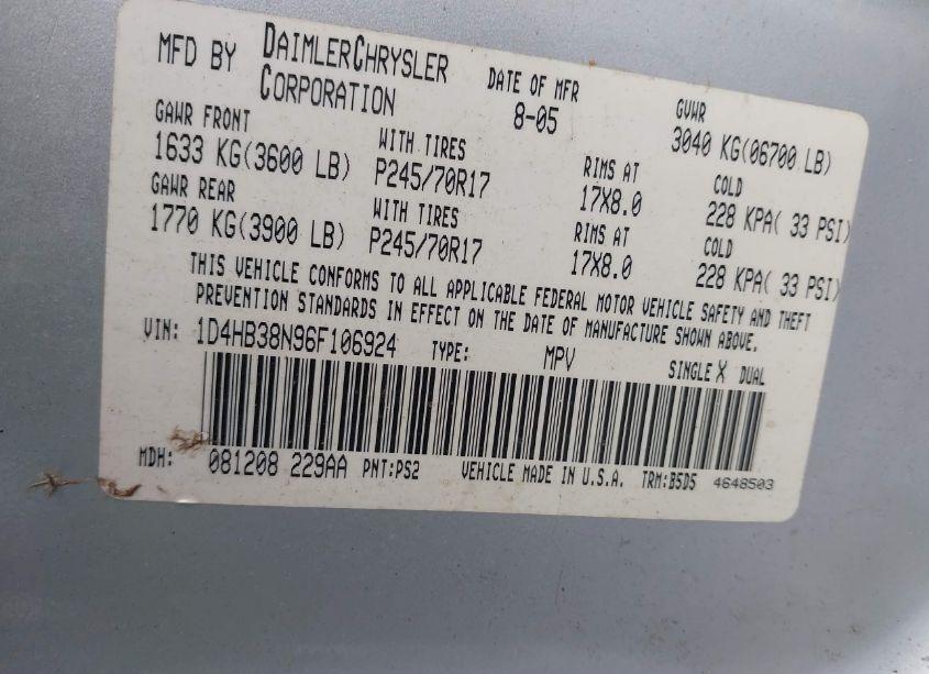 Photo 9 of 2006 Dodge Durango SXT (VIN 1D4HB38N96F106924)