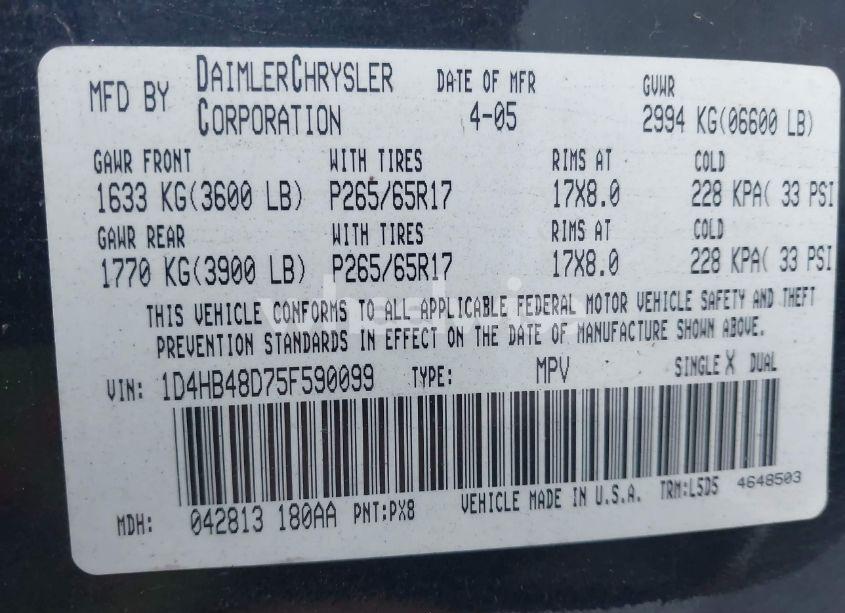 Photo 9 of 2005 Dodge Durango SLT (VIN 1D4HB48D75F590099)