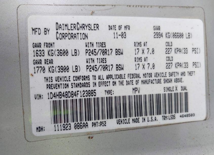 Photo 9 of 2004 Dodge Durango SLT (VIN 1D4HB48D84F123885)