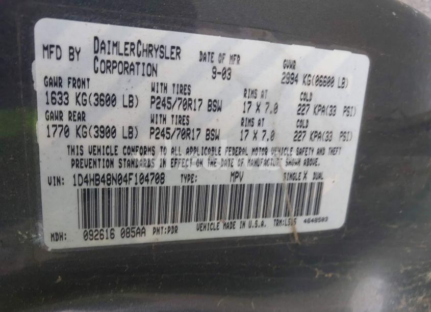 Photo 9 of 2004 Dodge Durango SLT (VIN 1D4HB48N04F104708)