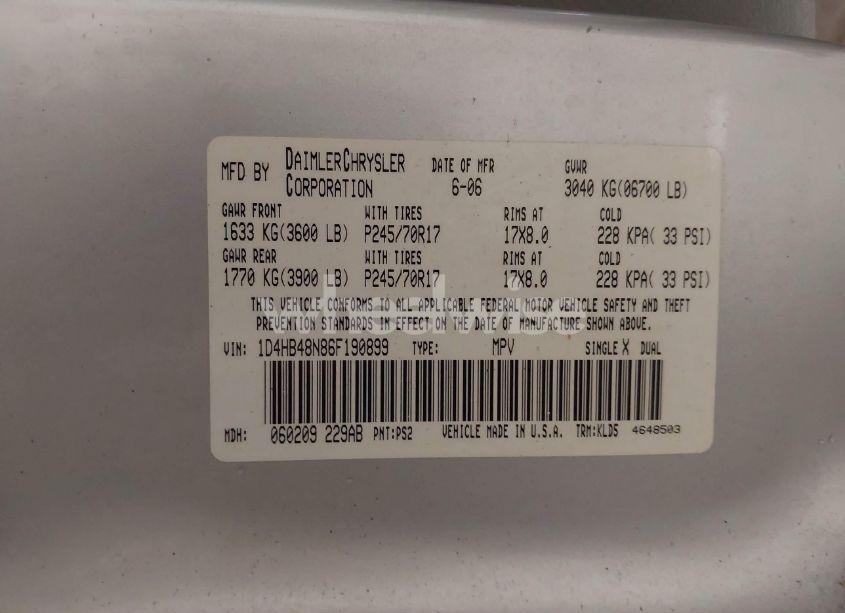 Photo 9 of 2006 Dodge Durango SLT (VIN 1D4HB48N86F190899)