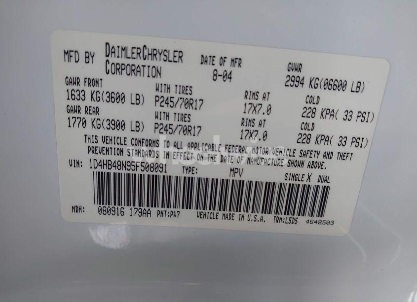 Photo 9 of 2005 Dodge Durango SLT (VIN 1D4HB48N95F508091)