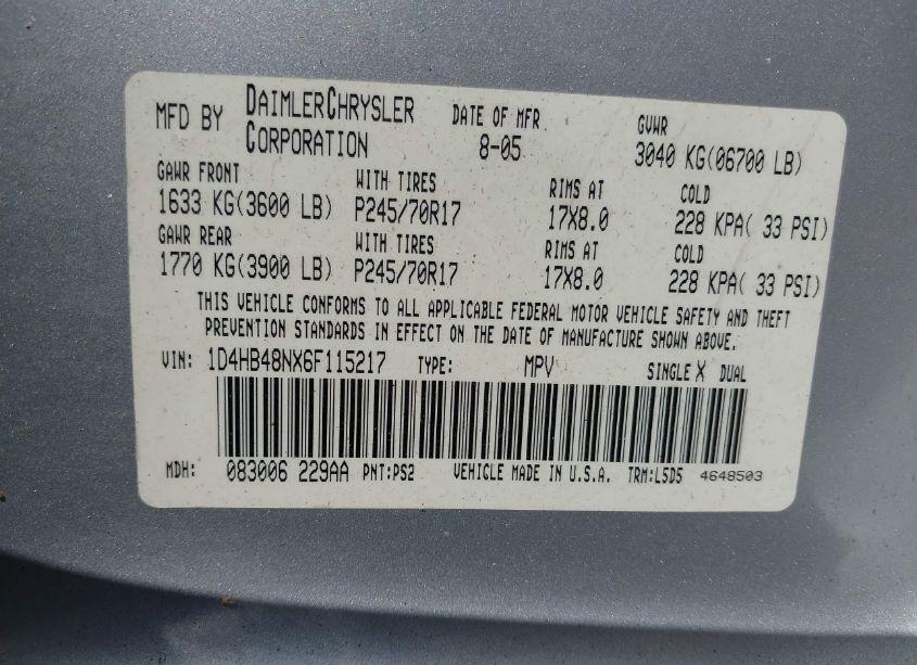 Photo 9 of 2006 Dodge Durango SLT (VIN 1D4HB48NX6F115217)