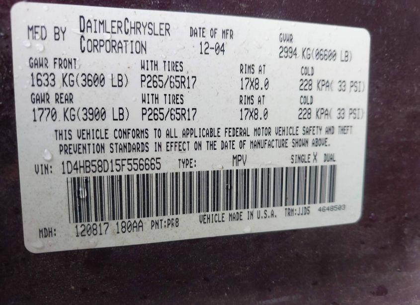 Photo 9 of 2005 Dodge Durango LIMITED (VIN 1D4HB58D15F556665)