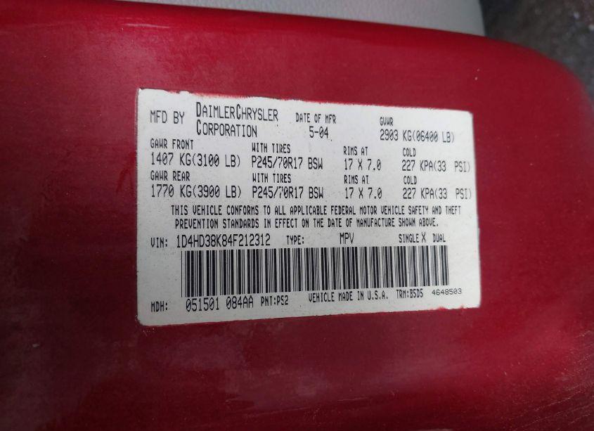 Photo 9 of 2004 Dodge Durango ST (VIN 1D4HD38K84F212312)