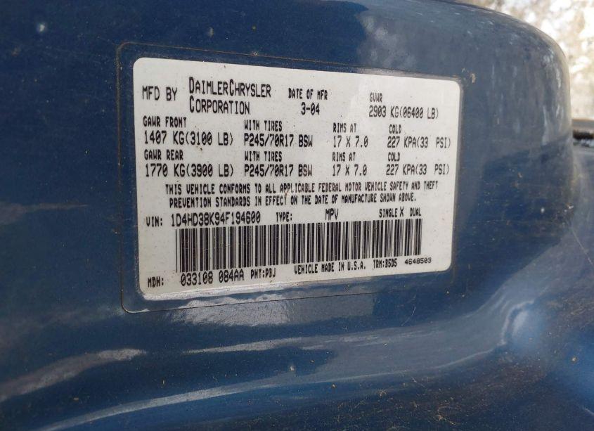 Photo 9 of 2004 Dodge Durango ST (VIN 1D4HD38K94F194600)