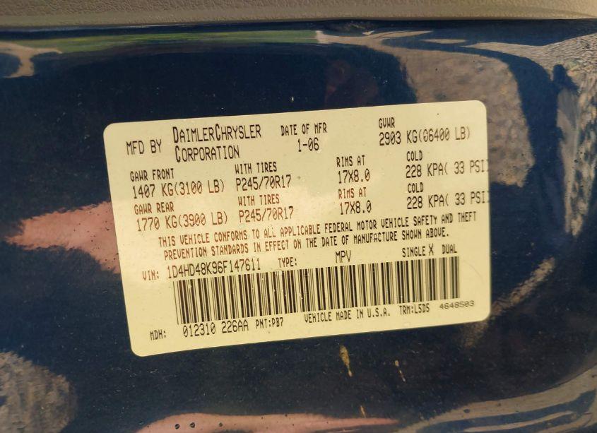 Photo 9 of 2006 Dodge Durango SLT (VIN 1D4HD48K96F147611)