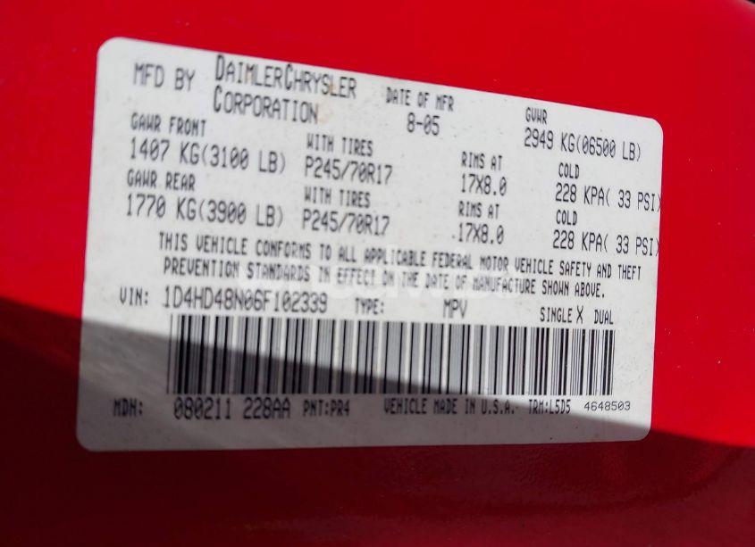 Photo 9 of 2006 Dodge Durango SLT (VIN 1D4HD48N06F102339)