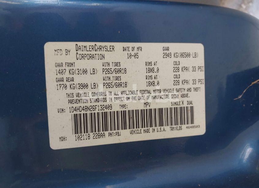 Photo 9 of 2006 Dodge Durango SLT (VIN 1D4HD48N26F132409)