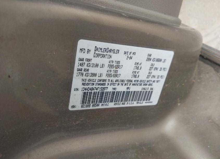 Photo 9 of 2004 Dodge Durango SLT (VIN 1D4HD48N74F152877)