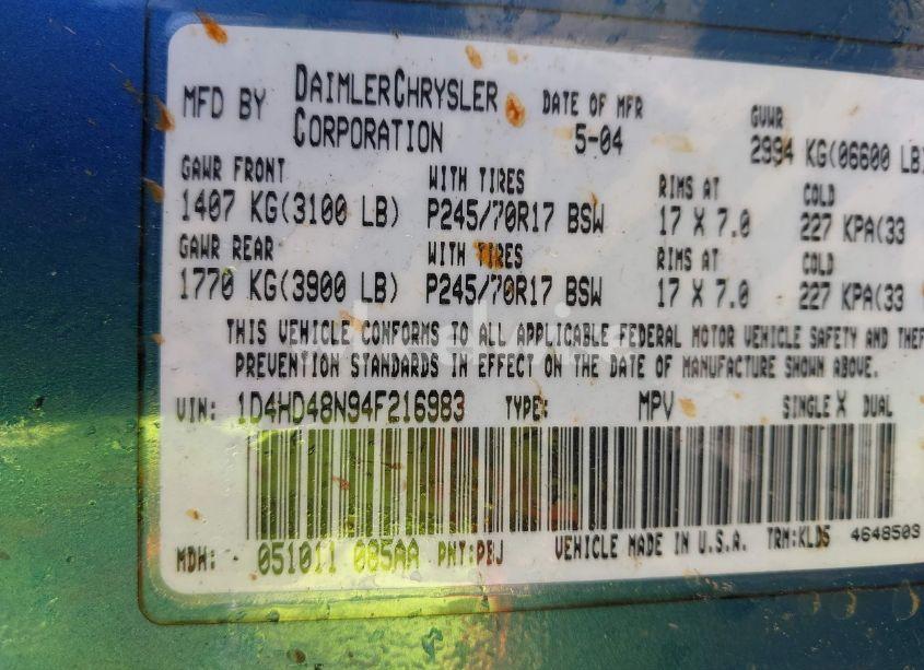 Photo 9 of 2004 Dodge Durango SLT (VIN 1D4HD48N94F216983)