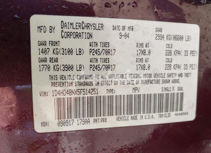 Photo 9 of 2005 Dodge Durango SLT (VIN 1D4HD48NX5F514251)