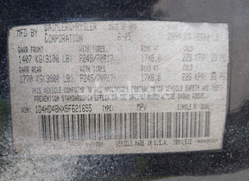 Photo 9 of 2005 Dodge Durango SLT (VIN 1D4HD48NX5F621655)