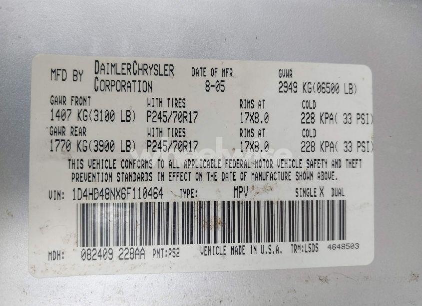 Photo 9 of 2006 Dodge Durango SLT (VIN 1D4HD48NX6F110464)