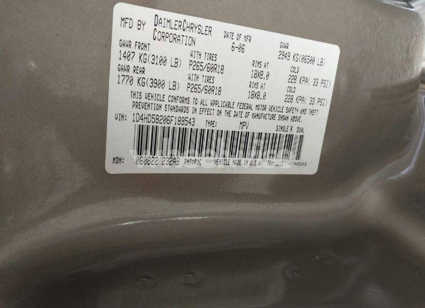 Photo 9 of 2006 Dodge Durango LIMITED (VIN 1D4HD58206F189543)