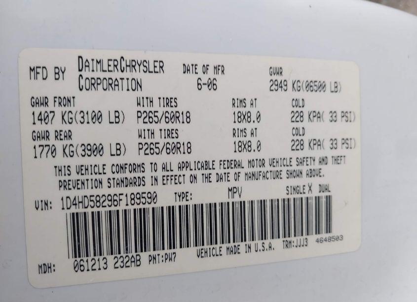 Photo 9 of 2006 Dodge Durango LIMITED (VIN 1D4HD58296F189590)