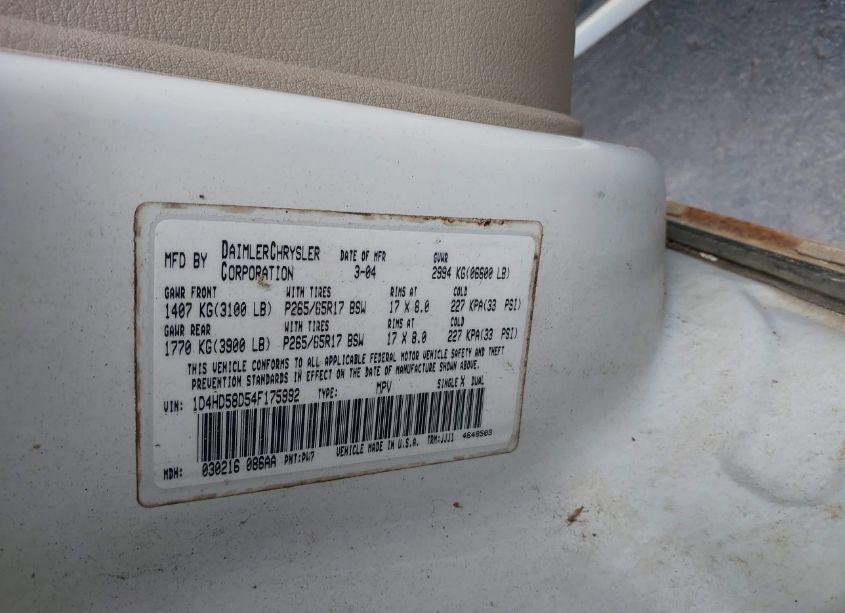 Photo 9 of 2004 Dodge Durango LIMITED (VIN 1D4HD58D54F175992)