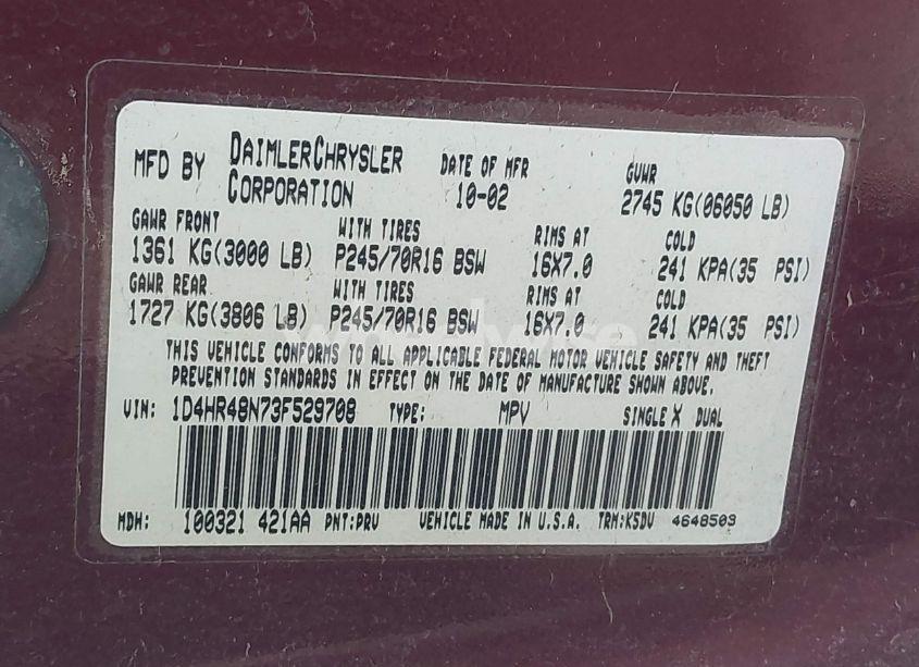 Photo 9 of 2003 Dodge Durango SLT (VIN 1D4HR48N73F529708)