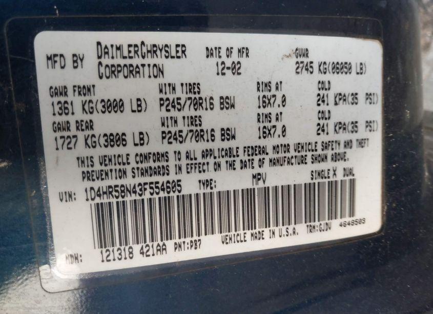 Photo 9 of 2003 Dodge Durango SLT PLUS (VIN 1D4HR58N43F554605)