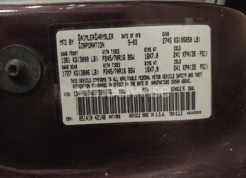 Photo 9 of 2003 Dodge Durango SLT PLUS (VIN 1D4HR58N63F596970)