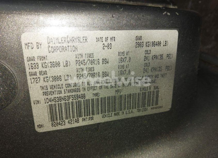 Photo 9 of 2003 Dodge Durango SPORT/SXT (VIN 1D4HS38N63F559488)