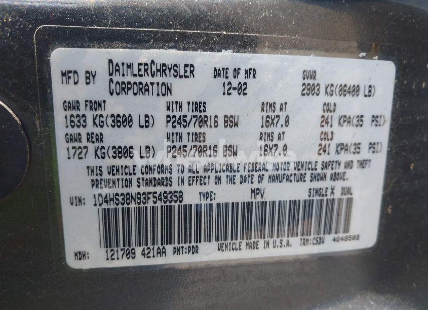 Photo 9 of 2003 Dodge Durango SPORT/SXT (VIN 1D4HS38N93F549358)