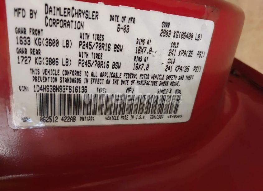 Photo 9 of 2003 Dodge Durango SPORT/SXT (VIN 1D4HS38N93F616136)