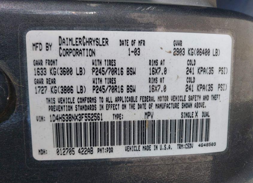 Photo 9 of 2003 Dodge Durango SPORT/SXT (VIN 1D4HS38NX3F552561)