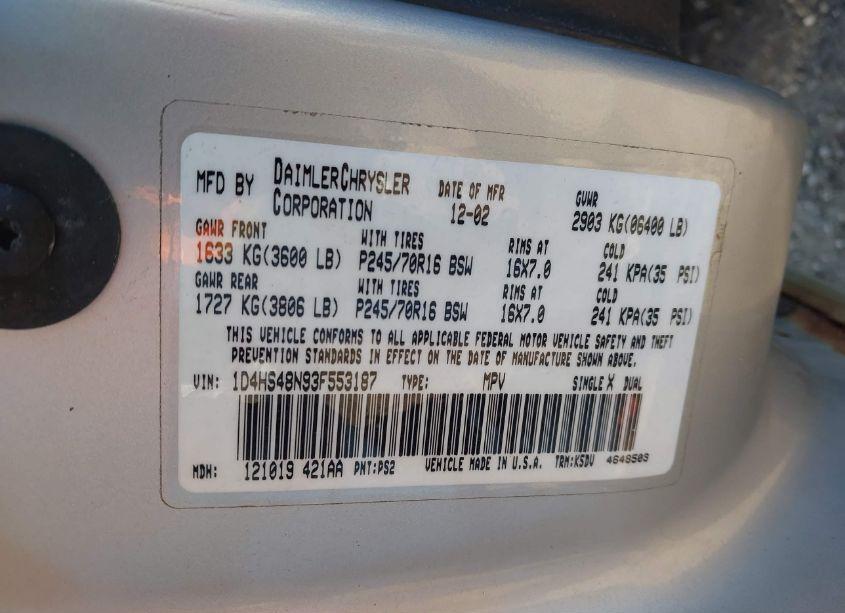 Photo 9 of 2003 Dodge Durango SLT (VIN 1D4HS48N93F553187)