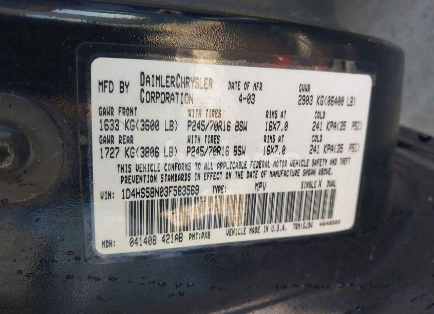 Photo 9 of 2003 Dodge Durango SLT PLUS (VIN 1D4HS58N03F583569)