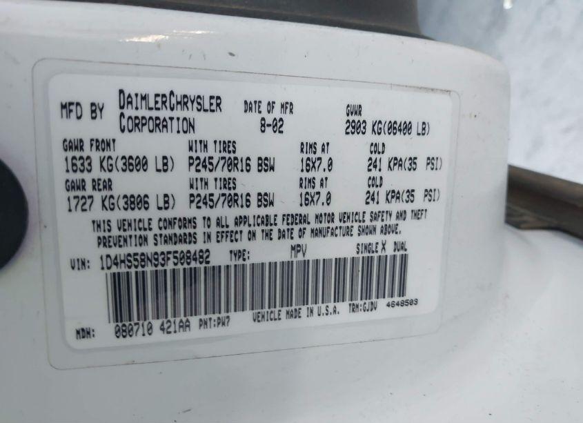 Photo 9 of 2003 Dodge Durango SLT PLUS (VIN 1D4HS58N93F508482)