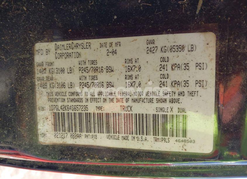 Photo 9 of 2004 Dodge Dakota SLT (VIN 1D7GL42K64S657235)