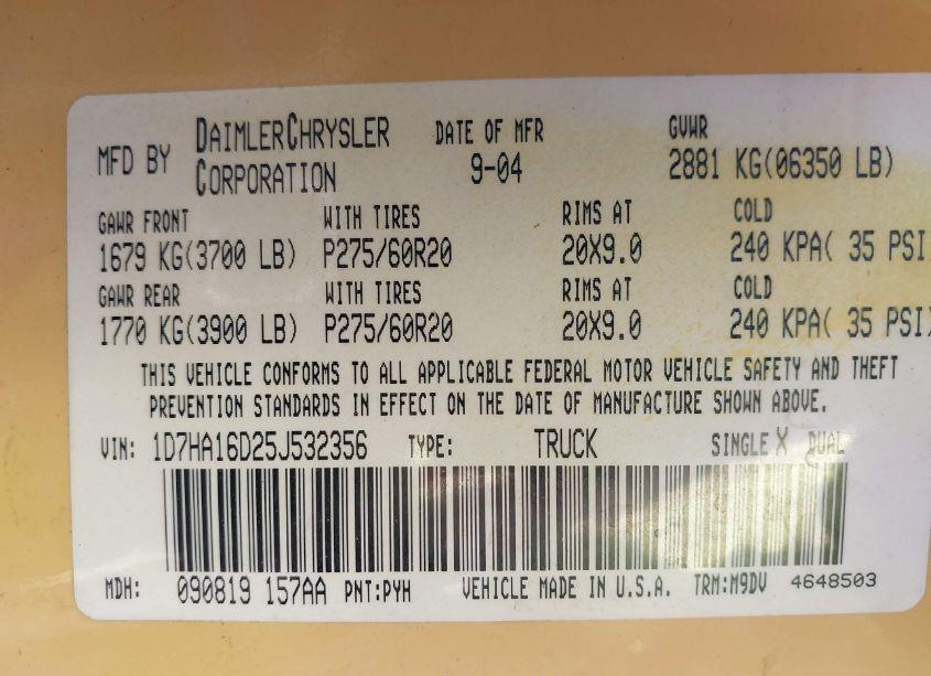 Photo 9 of 2005 Dodge Ram 1500 SLT/LARAMIE (VIN 1D7HA16D25J532356)