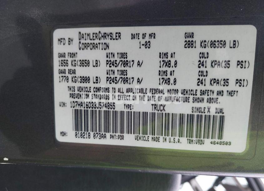 Photo 9 of 2003 Dodge Ram 1500 SLT/LARAMIE/ST (VIN 1D7HA16D33J574855)