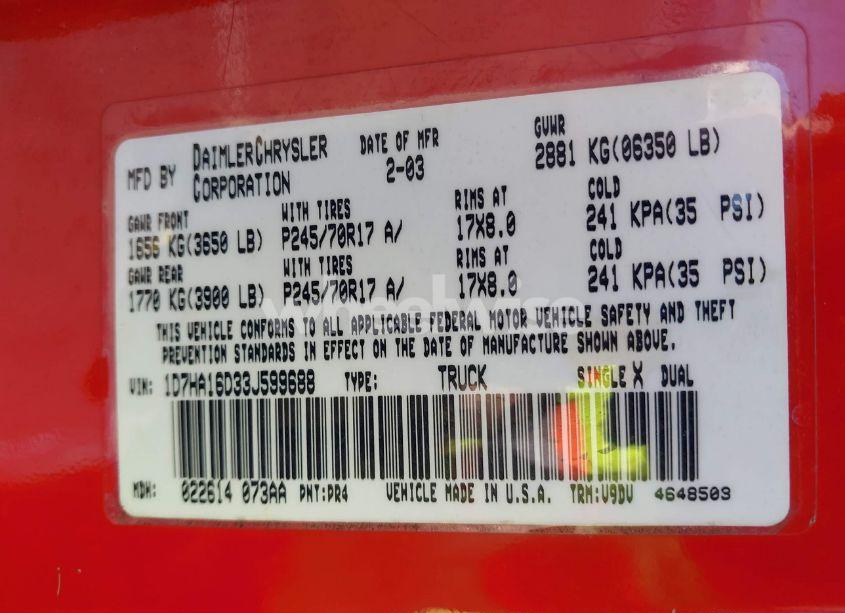 Photo 9 of 2003 Dodge Ram 1500 SLT/LARAMIE/ST (VIN 1D7HA16D33J599688)