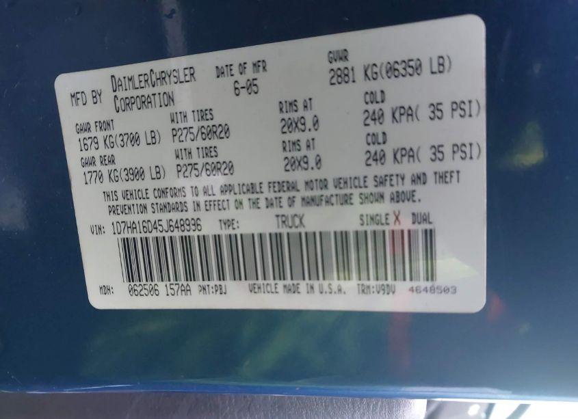 Photo 9 of 2005 Dodge Ram 1500 SLT/LARAMIE (VIN 1D7HA16D45J648996)