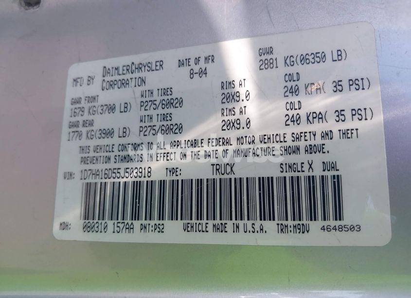 Photo 9 of 2005 Dodge Ram 1500 SLT/LARAMIE (VIN 1D7HA16D55J503918)