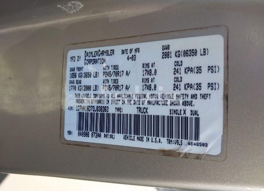 Photo 9 of 2003 Dodge Ram 1500 SLT/LARAMIE/ST (VIN 1D7HA16D73J638363)