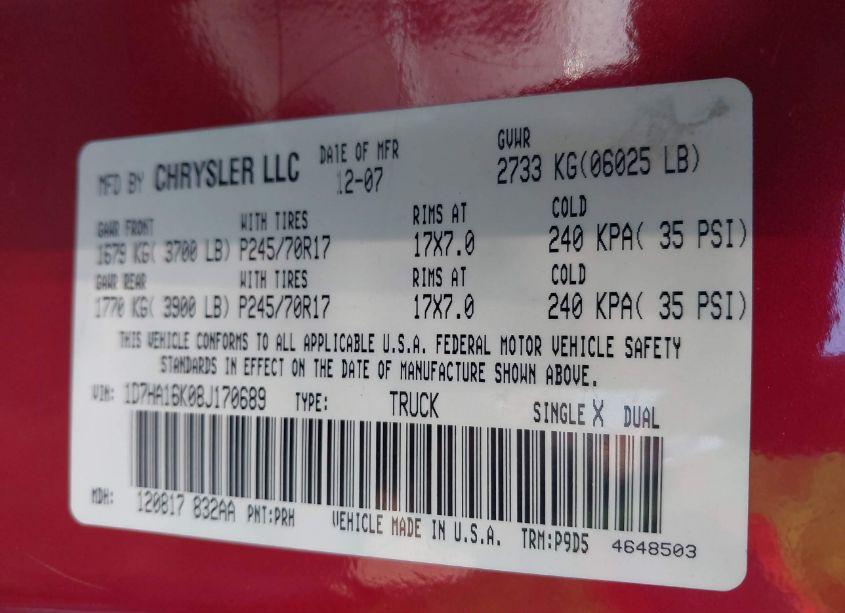 Photo 9 of 2008 Dodge Ram 1500 ST/SXT (VIN 1D7HA16K08J170689)