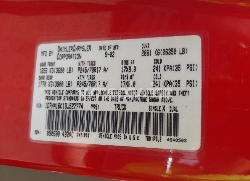 Photo 9 of 2003 Dodge Ram 1500 ST (VIN 1D7HA16K13J527774)