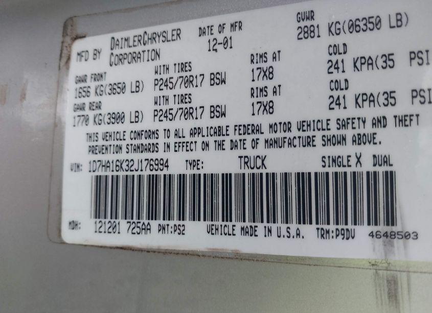 Photo 9 of 2002 Dodge Ram 1500 ST (VIN 1D7HA16K32J176994)