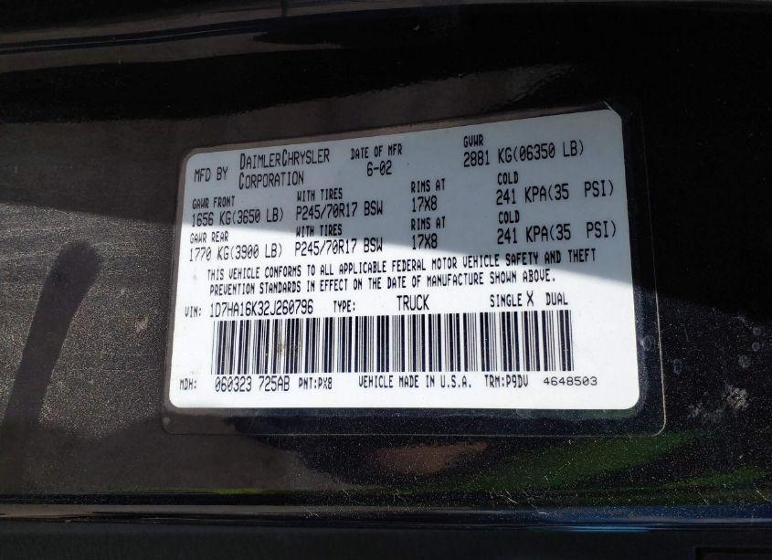 Photo 9 of 2002 Dodge Ram 1500 ST (VIN 1D7HA16K32J260796)