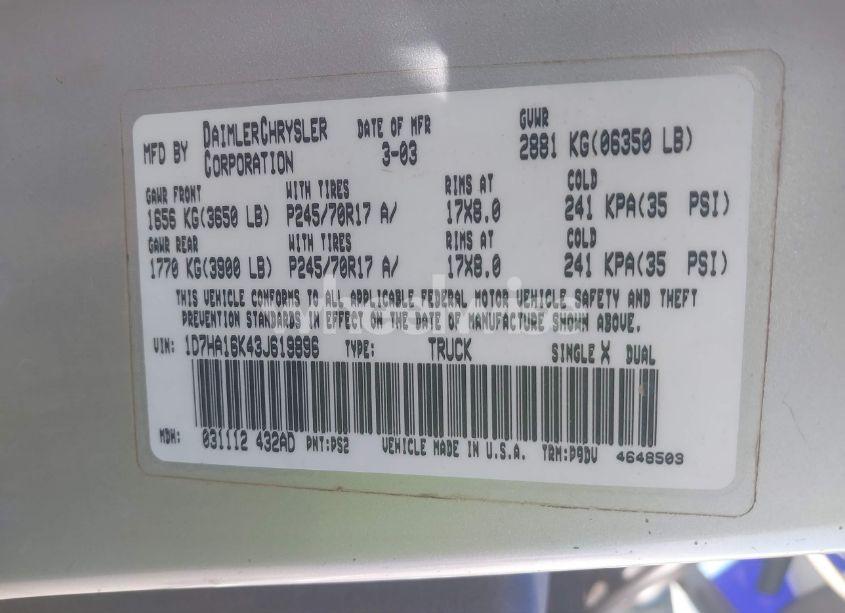 Photo 9 of 2003 Dodge Ram 1500 ST (VIN 1D7HA16K43J619896)