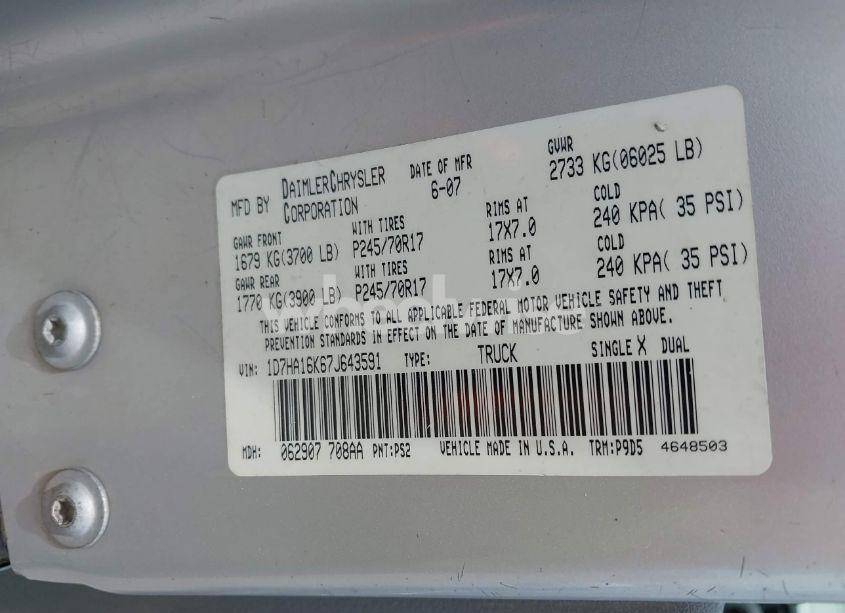 Photo 9 of 2007 Dodge Ram 1500 ST (VIN 1D7HA16K67J643591)