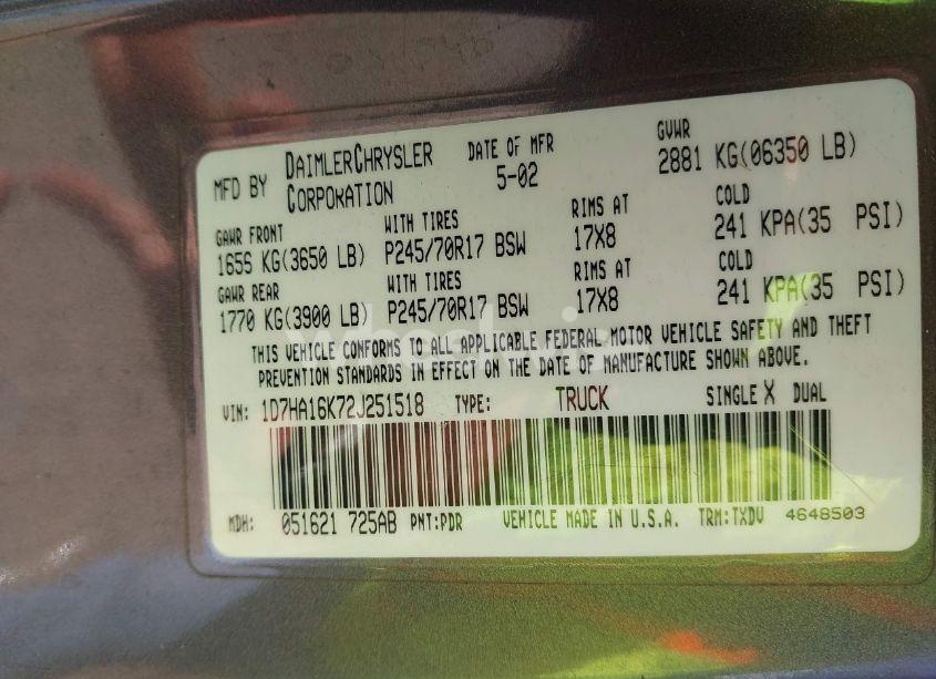 Photo 9 of 2002 Dodge Ram 1500 ST (VIN 1D7HA16K72J251518)