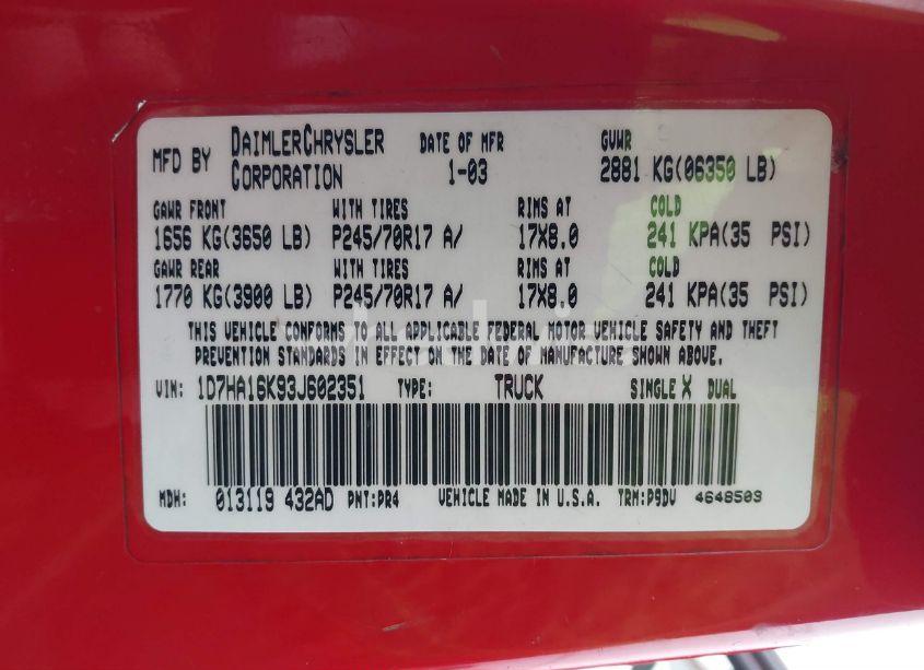 Photo 9 of 2003 Dodge Ram 1500 ST (VIN 1D7HA16K93J602351)