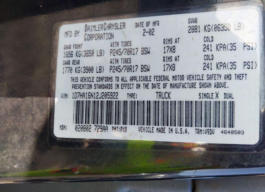 Photo 9 of 2002 Dodge Ram 1500 ST (VIN 1D7HA16N12J205922)